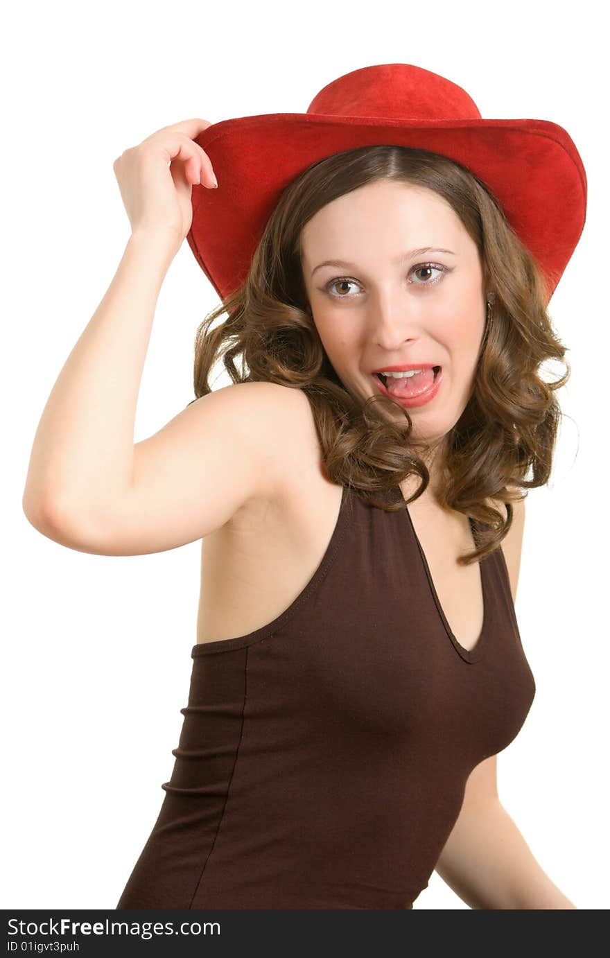 The girl in the red hat in a great mood. The girl in the red hat in a great mood