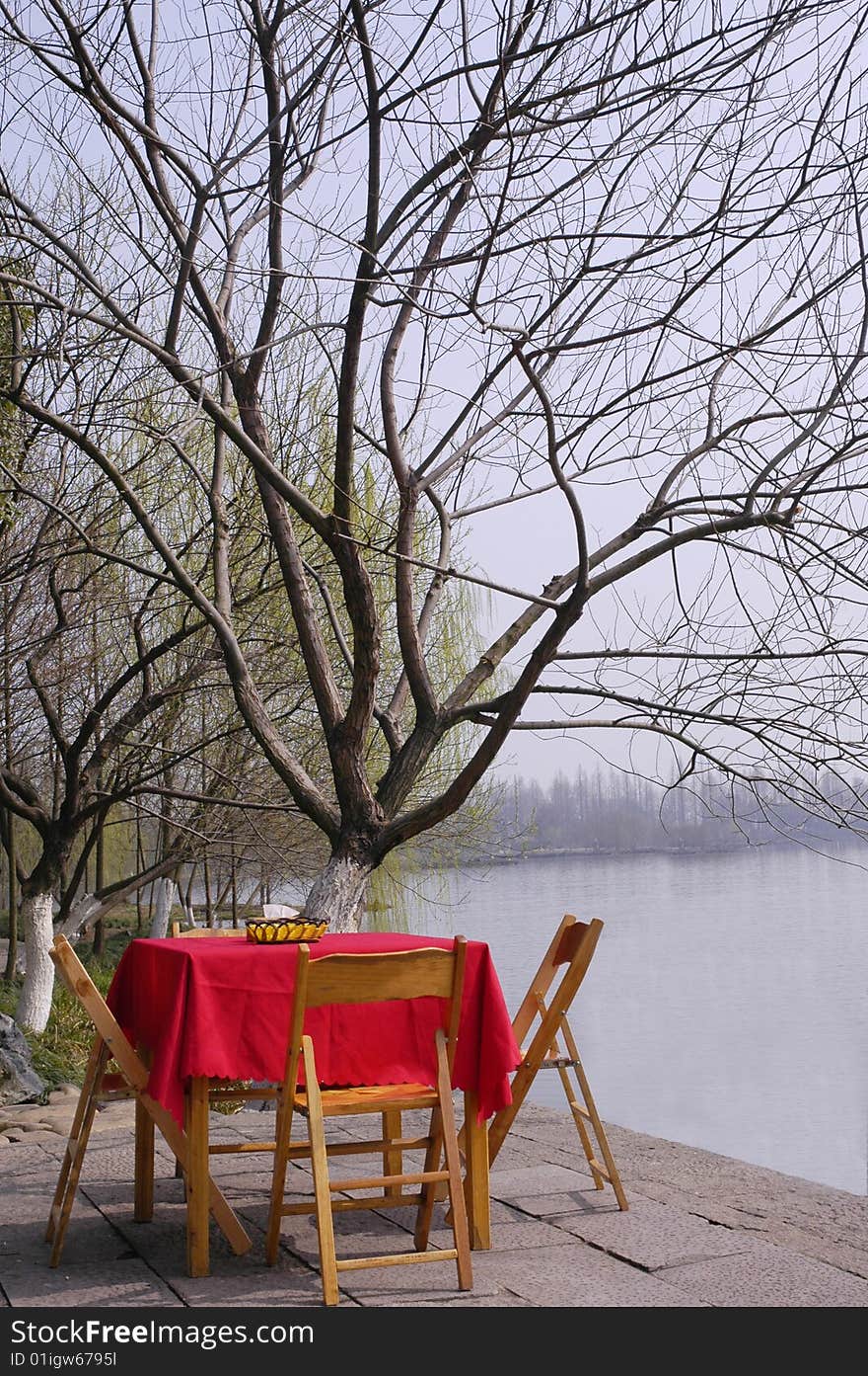 The Desk And Tree On Waterside