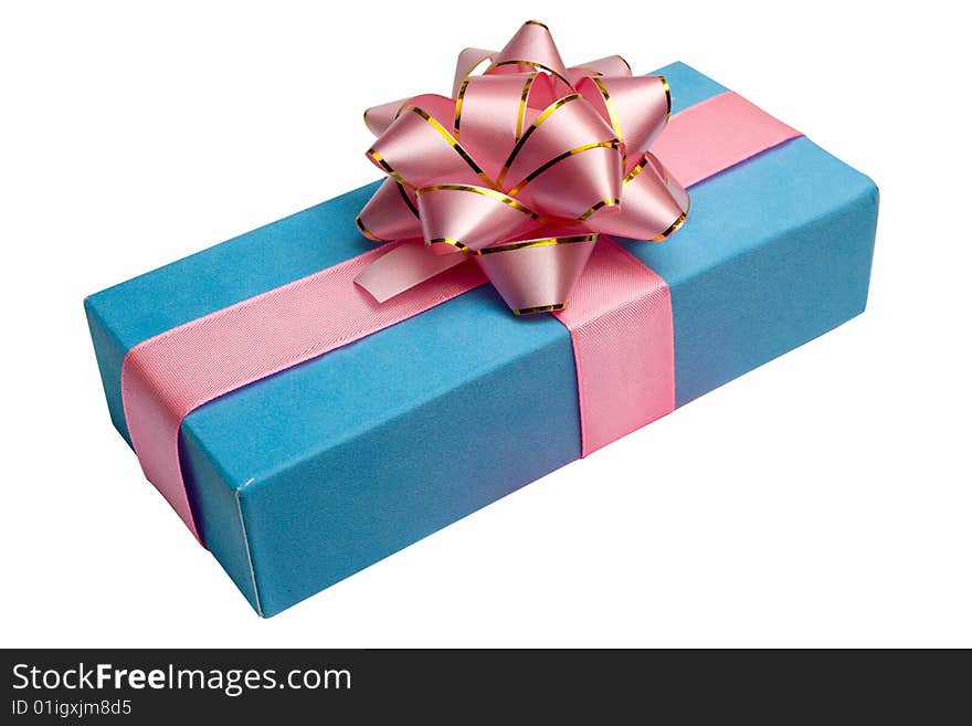 Blue box with gift and bow, is tied up by a tape isolated on white