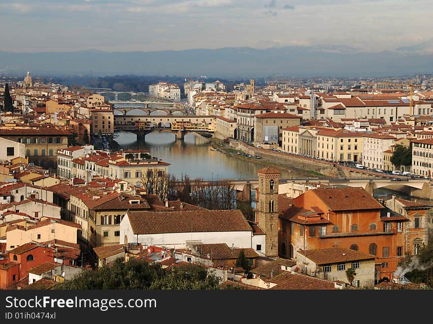 Panorama of the river Arno and the famous Ponte Vecchio in Florence, Italy. Panorama of the river Arno and the famous Ponte Vecchio in Florence, Italy