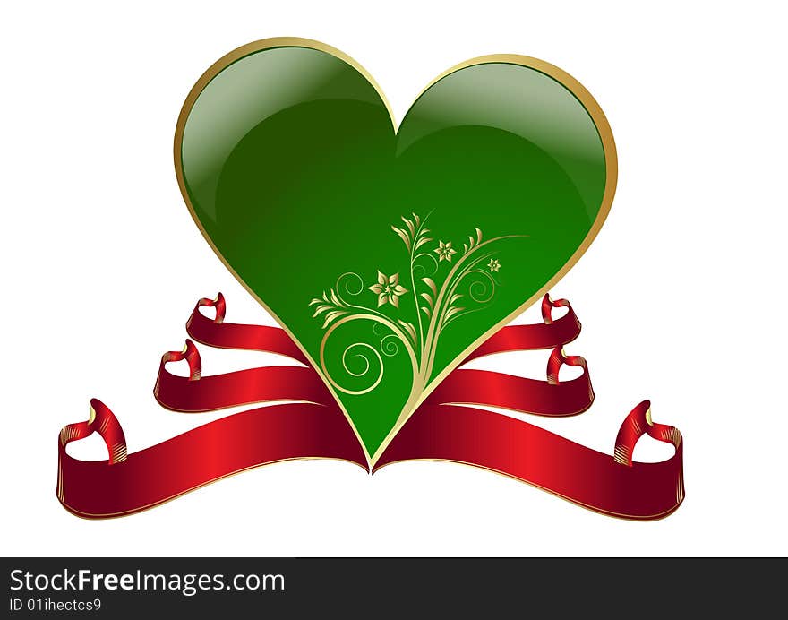 Green vector heart and red banner. Green vector heart and red banner