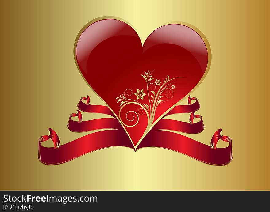 Red vector heart and red banner with gold background. Red vector heart and red banner with gold background