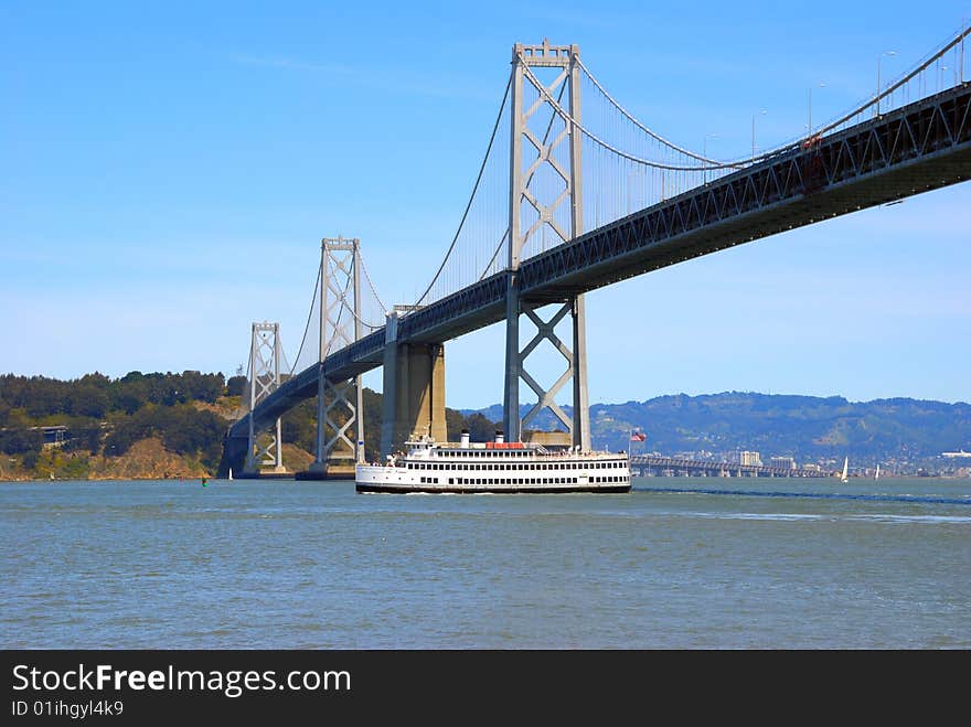 Bay bridge against blue sky background