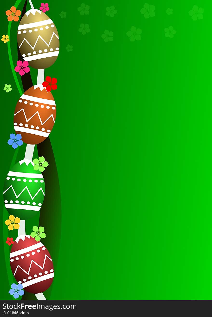 Green easter background with eggs and flowers