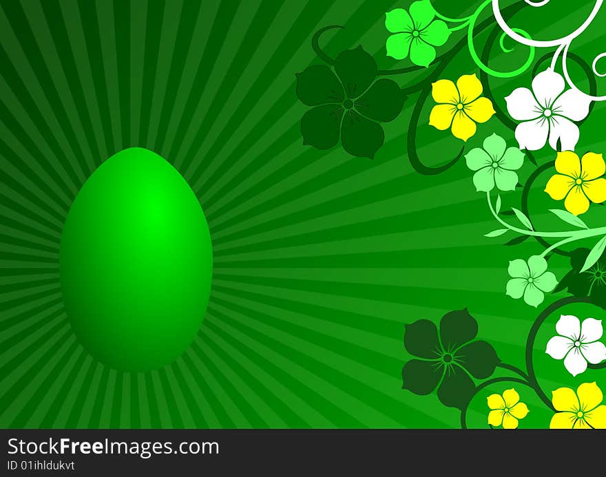 Green easter background with egg and flowers