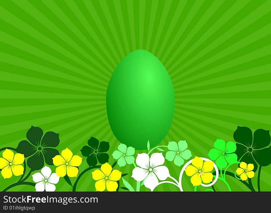 Green easter background with egg and flowers