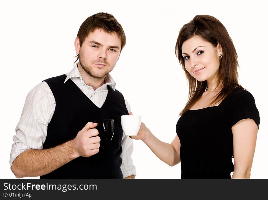 Stock photo: an image of a man and woman with cups. Stock photo: an image of a man and woman with cups