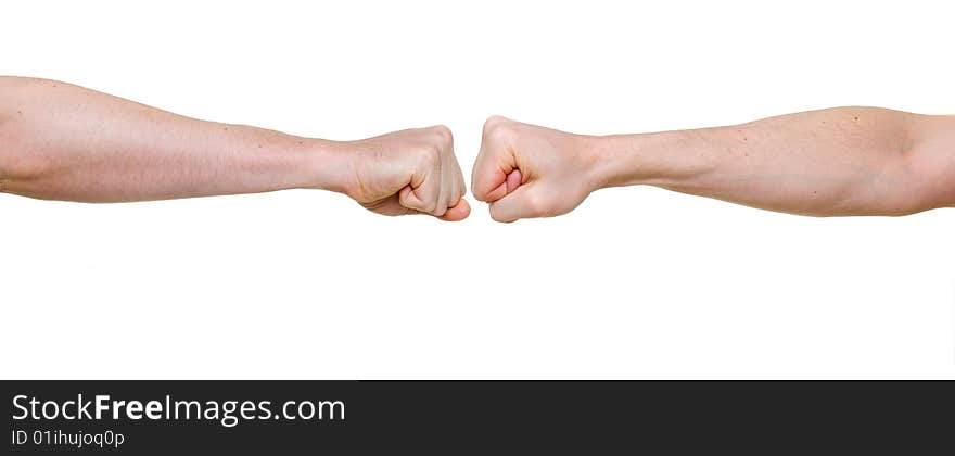 Two fists in confrontation isolated on white background