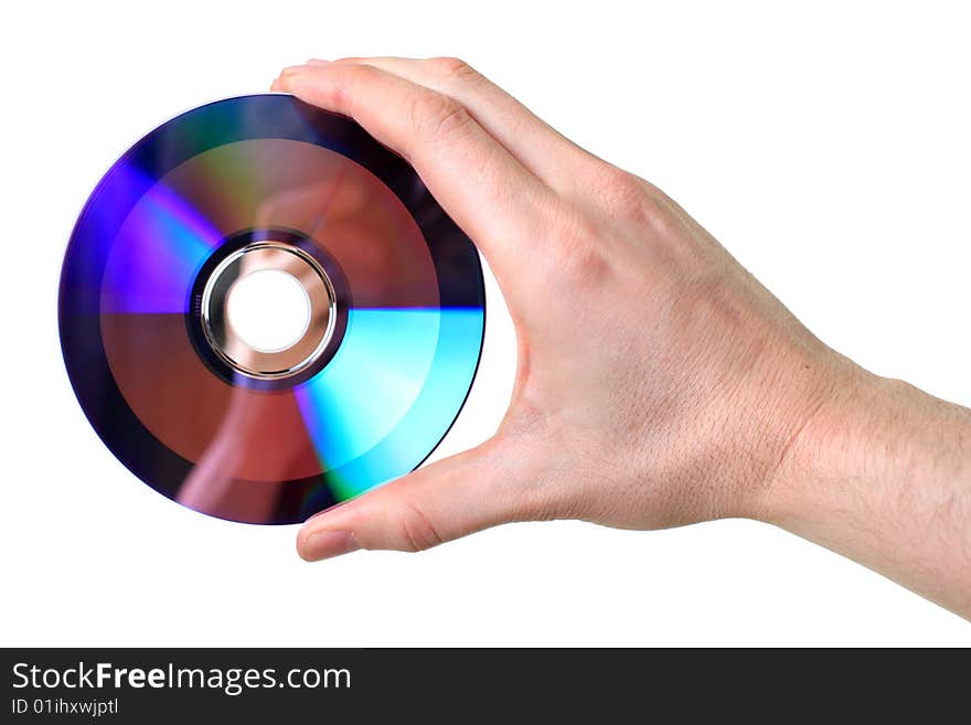 Hand holding disc isolated over white background