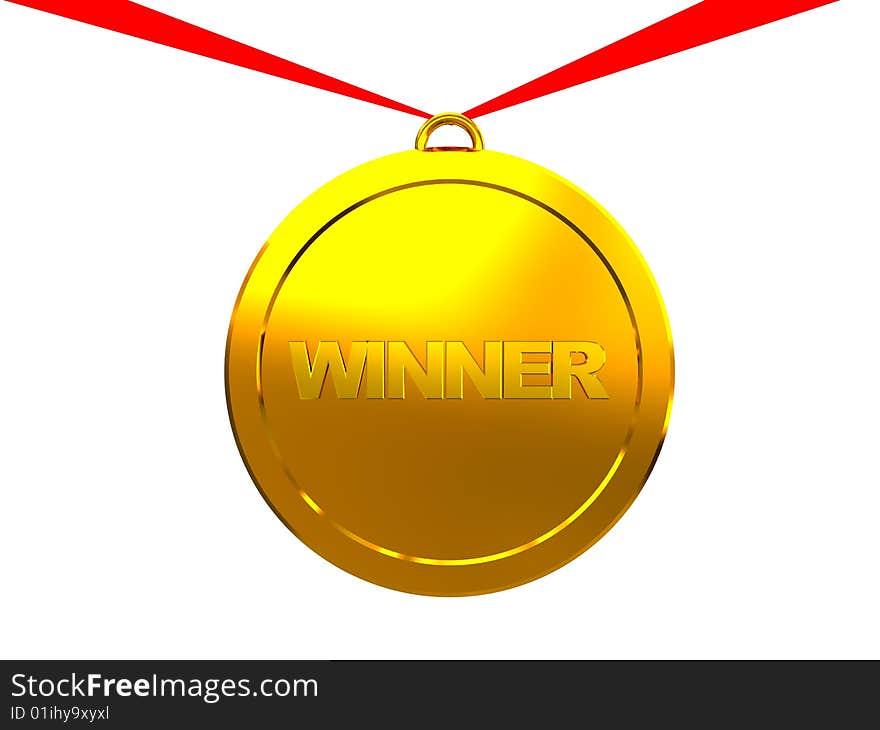 3d illustration of winner medal with red ribbon, over white background