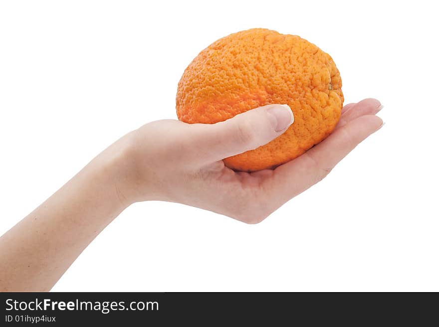 Orange in hand on white background.Close-up