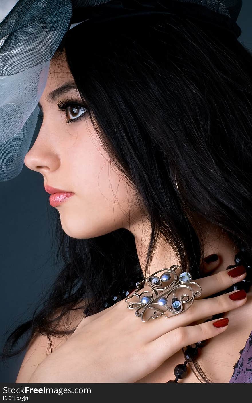 Series. Portrait of the beautiful brunette in a dark blue dress