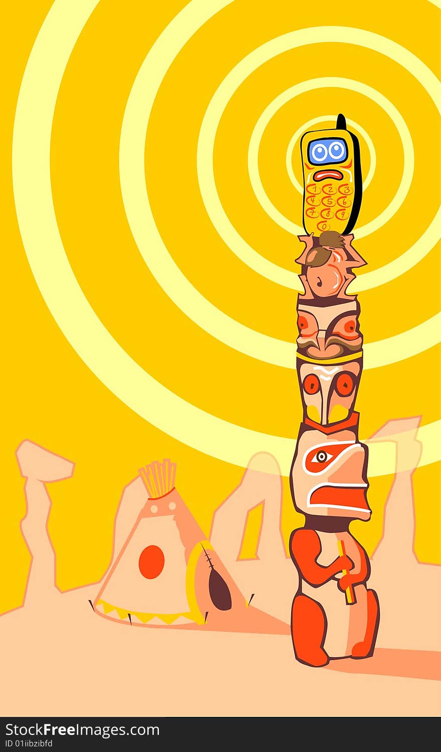 Funny phone totem, on yellow background (vector)