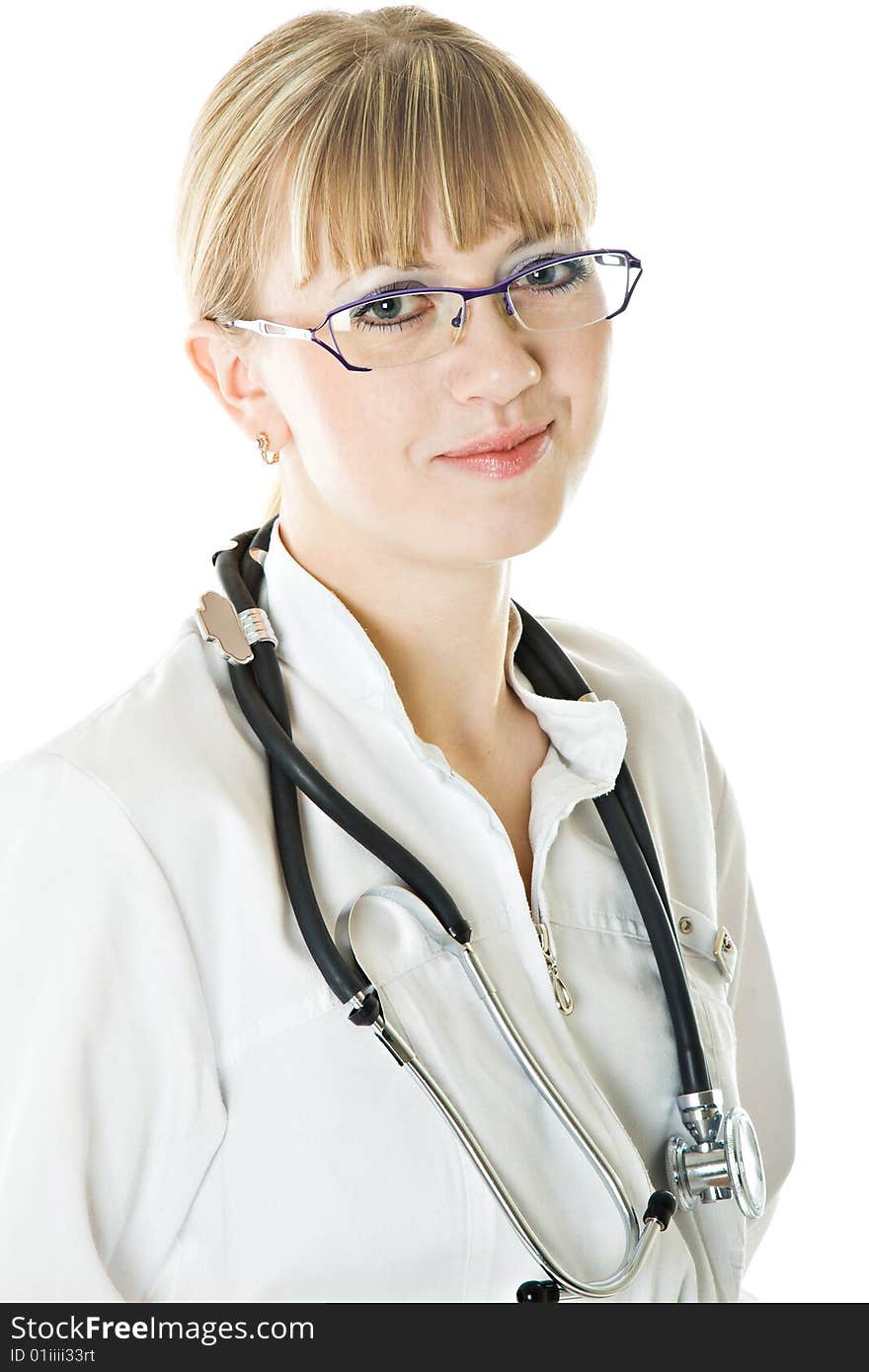 Young female doctor. Isolated on white background