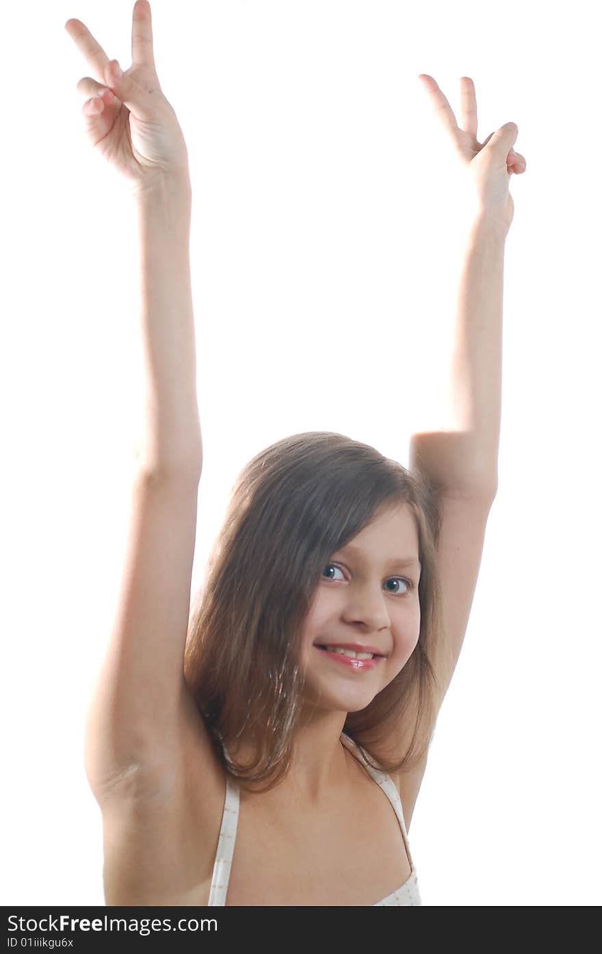 The portrait of little cute girl with hands up. The portrait of little cute girl with hands up