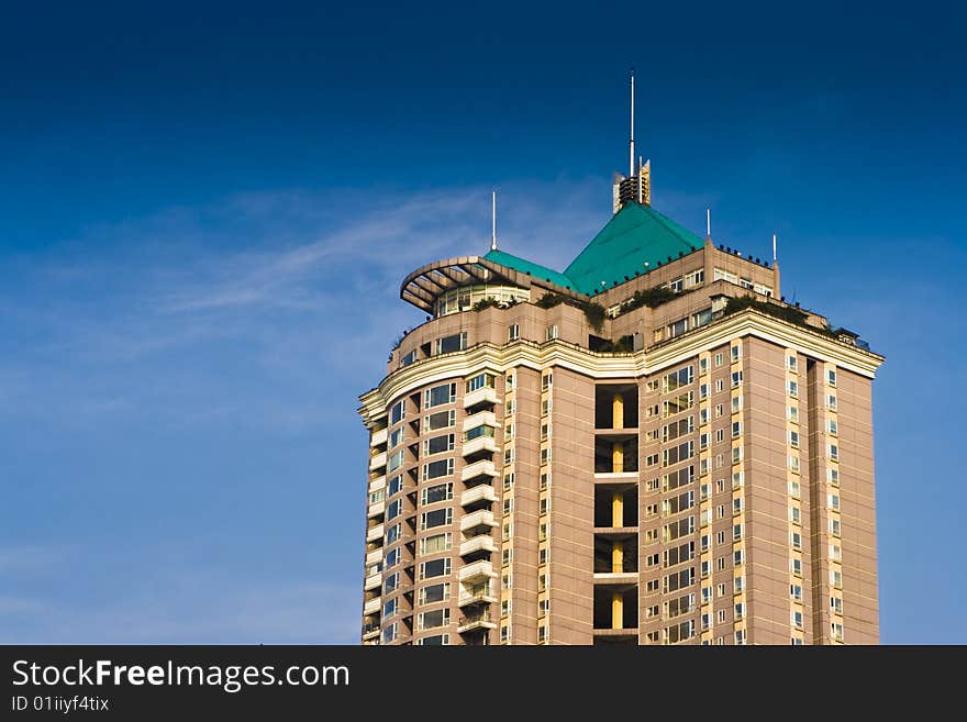 Modern building, the background is blue sky. Modern building, the background is blue sky