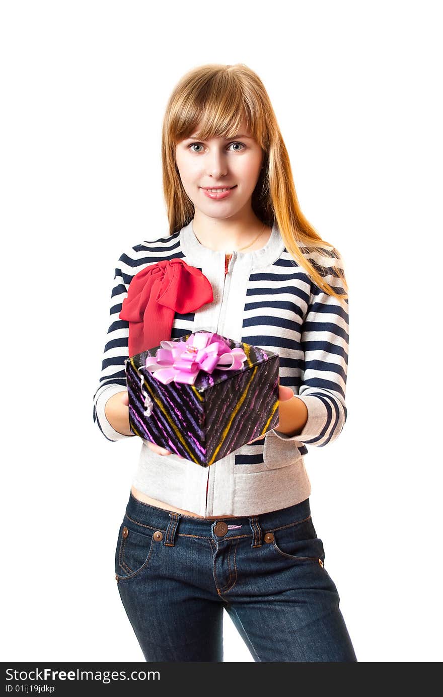 The girl with a gift isolated on white. Nikon D60.