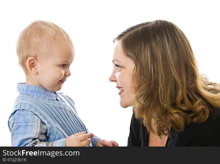 Mother and son. Isolated on white background