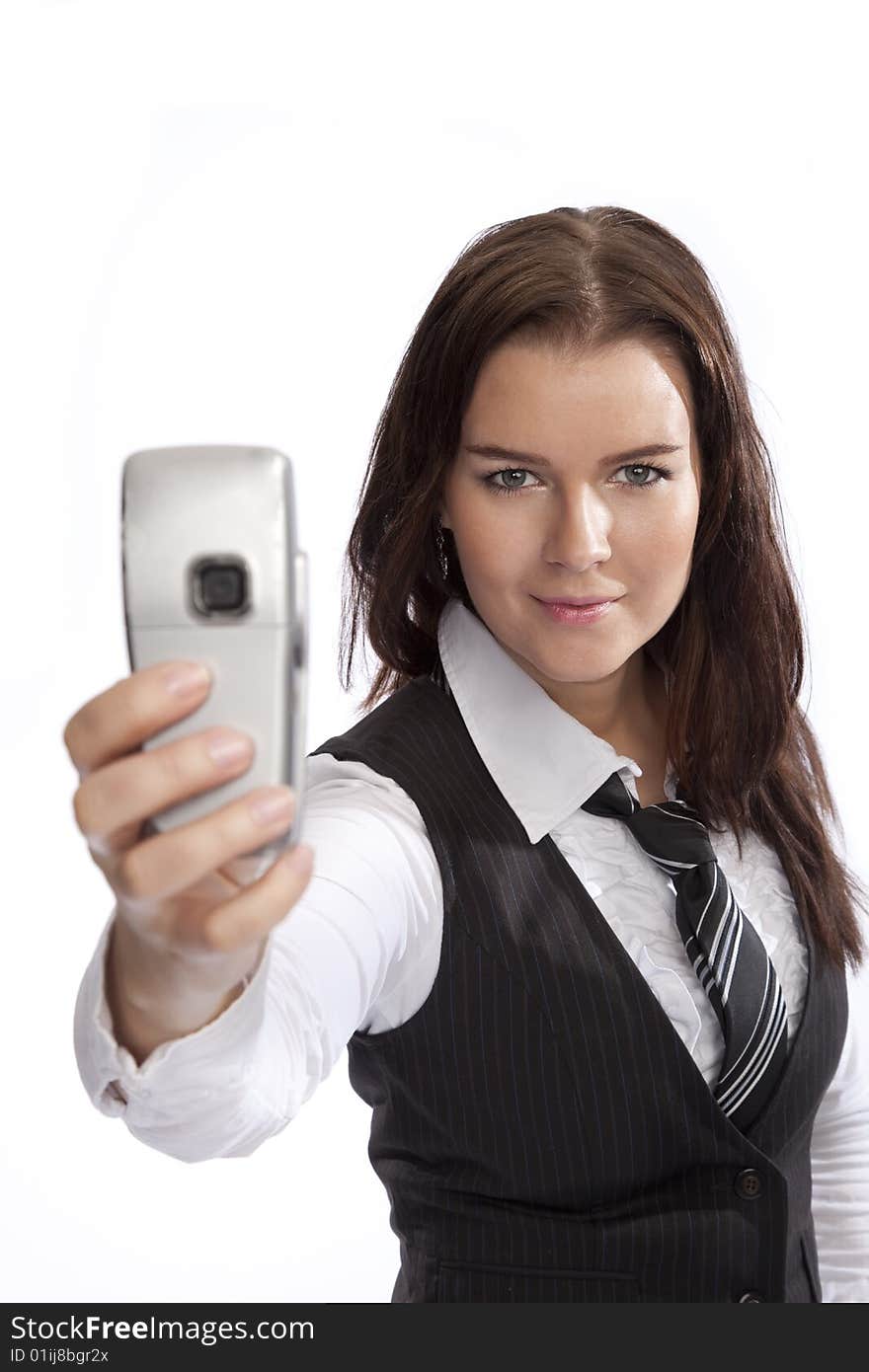 Isolated young business woman over white background