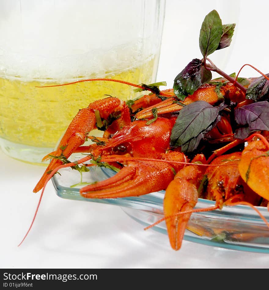 Red boiled crayfishes and beer