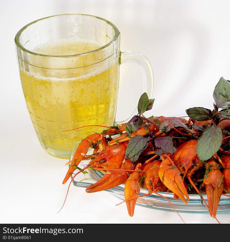 Red boiled crayfishes and beer