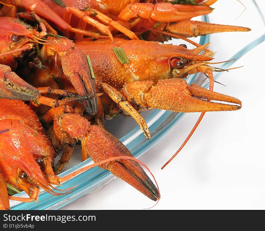 Red boiled crayfishes on a dish