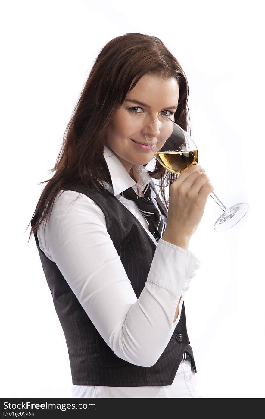 Isolated young business woman drinking wine over white background