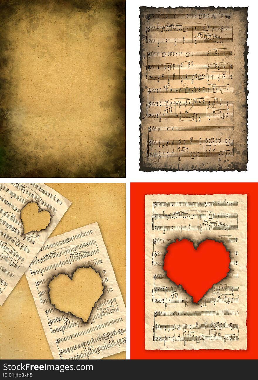 Four background images in vintage style. Musical notes, heart.