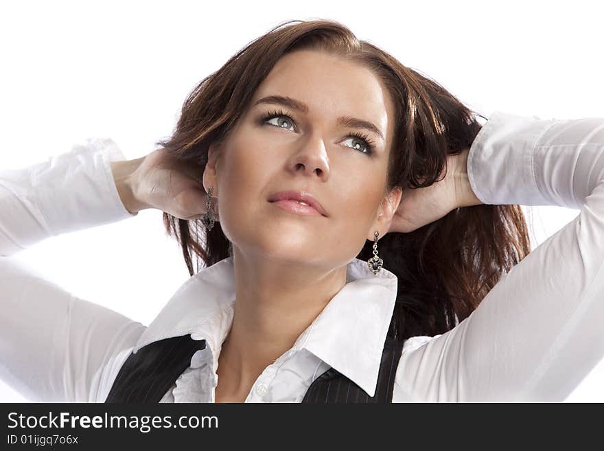 Isolated young business woman over white background