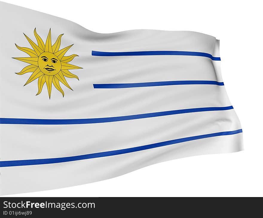 3D Uruguayan flag with fabric surface texture. White background.
