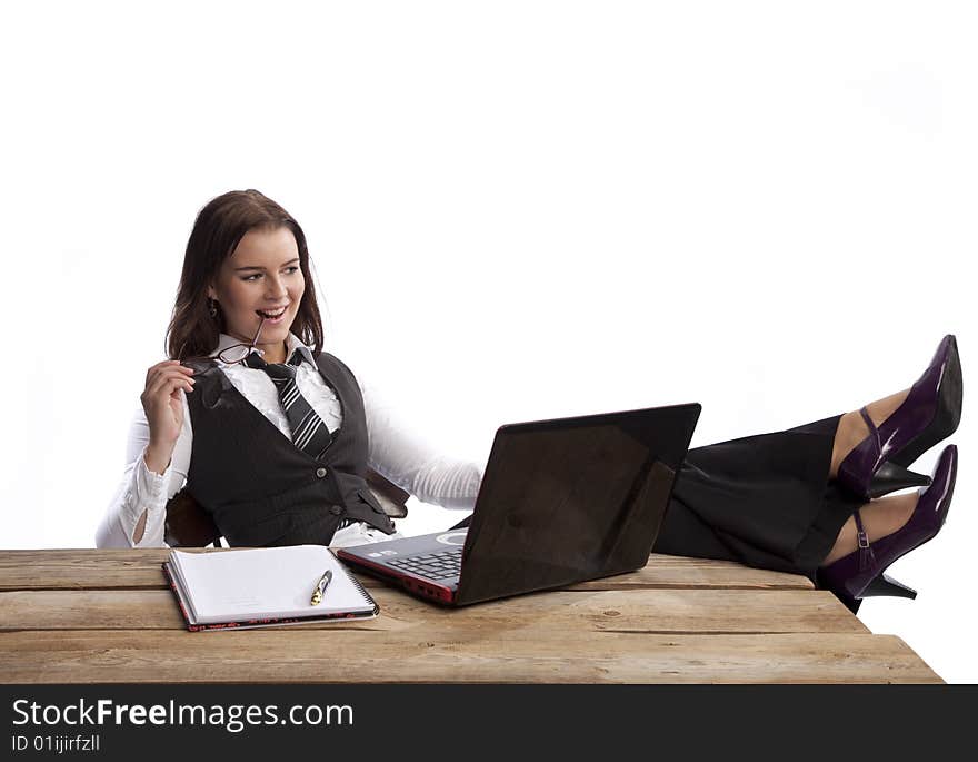 Isolated young business woman over white background