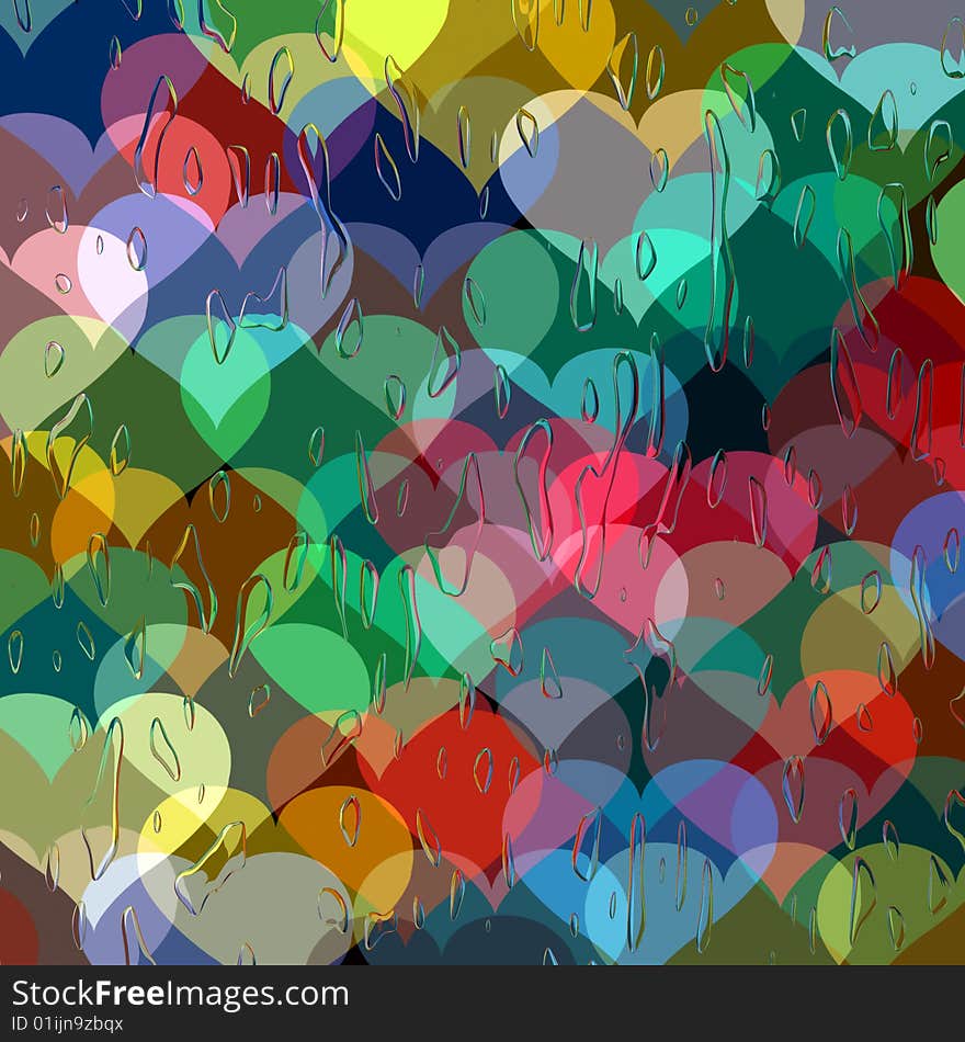 Water drops on a texture of many colorful hearts. Water drops on a texture of many colorful hearts