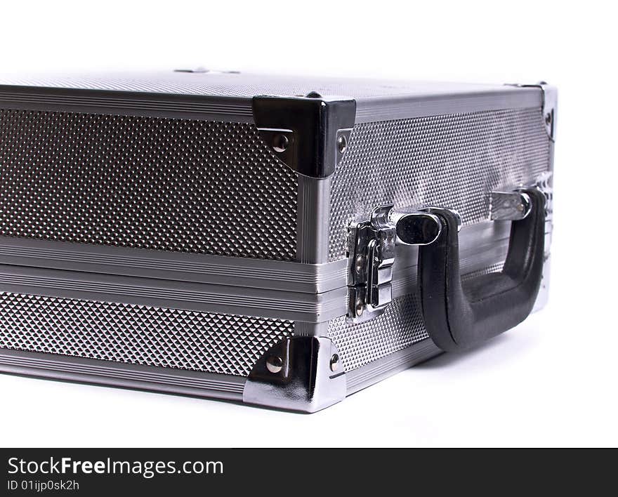 Metal suitcase on white background