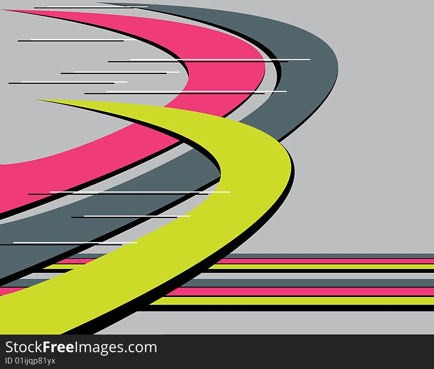 Curved flying shapes are featured in an abstract background illustration.