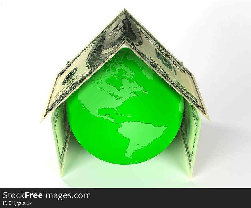 The globe of Earth inside house made by dollars