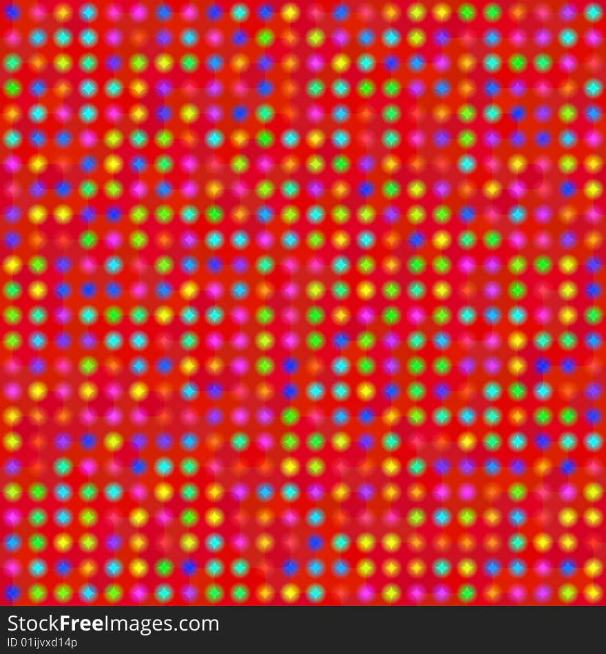 Seamless texture of vibrant colored star spots on red. Seamless texture of vibrant colored star spots on red