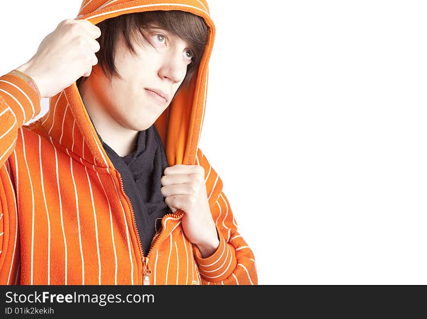 Teenage boy in orange hoodie