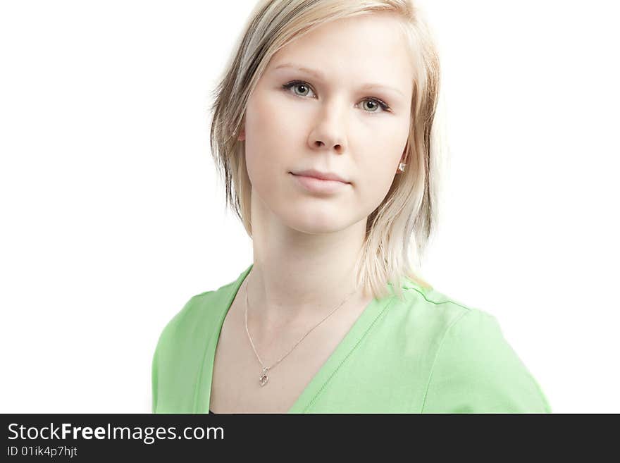 Isolated cute teenage girl in green shirt over white background