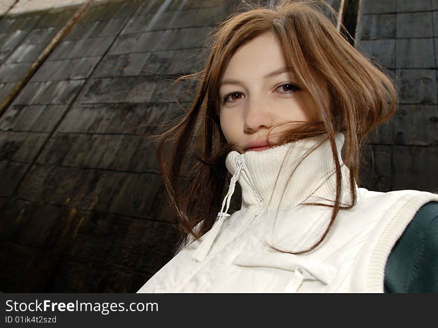 Girl Portrait At Concrete Background