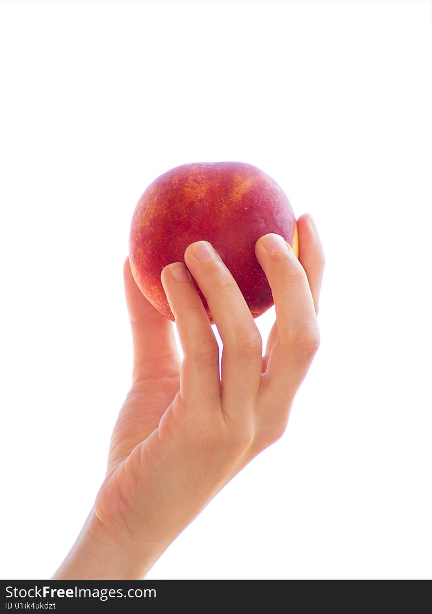 A hand with a peach against a white background. A hand with a peach against a white background.