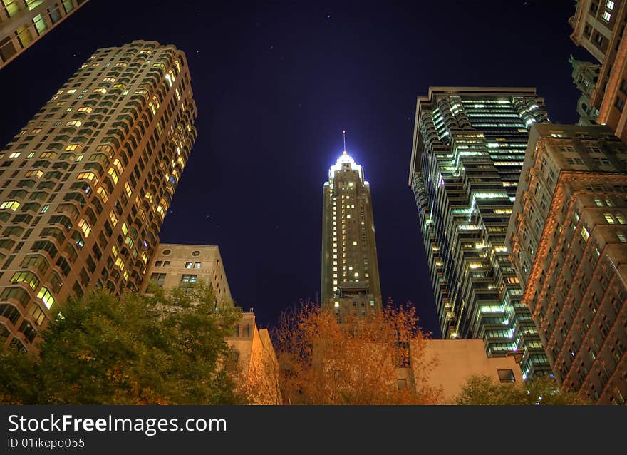 HDR night image of a group of buildings in the NYC financial district. Some chromatic aberration is inevitable with this kind of image.