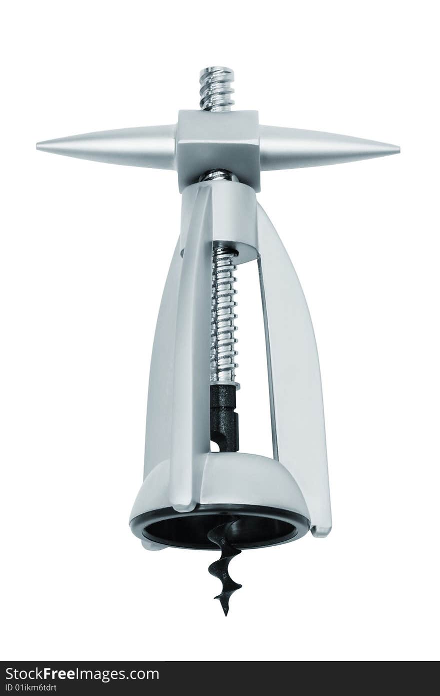 Modern metal corkscrew on a white background