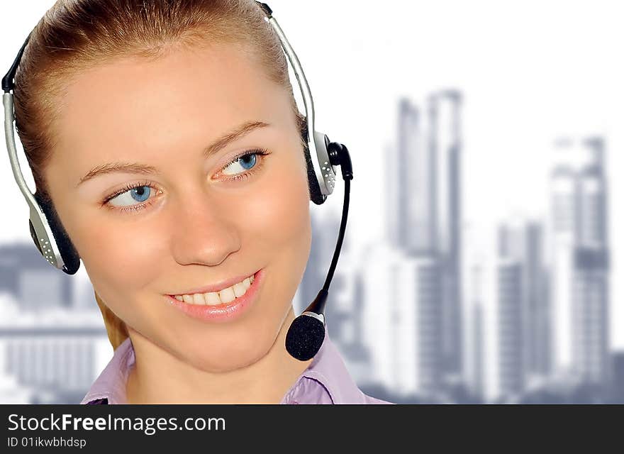 Woman wearing headset in office;could be reception