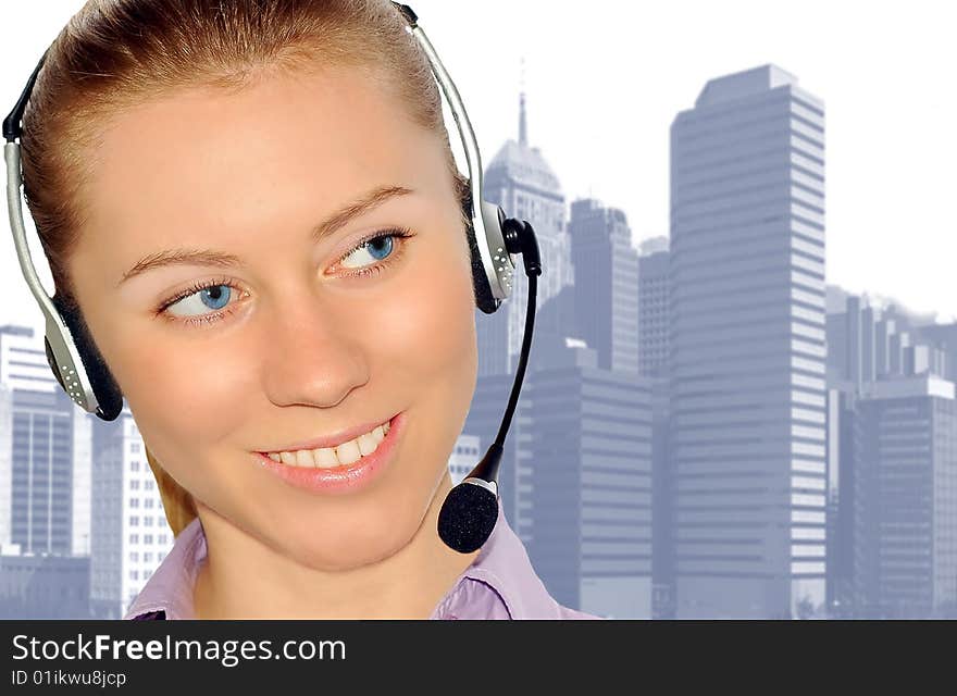 Woman wearing headset in office;could be reception