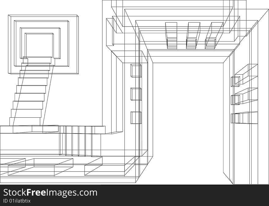 Draft view of architecture fragment. 3d model render. Draft view of architecture fragment. 3d model render.