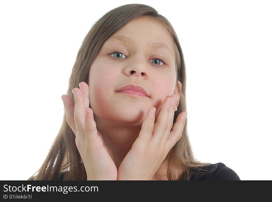 The little cute girl isolated on the white background