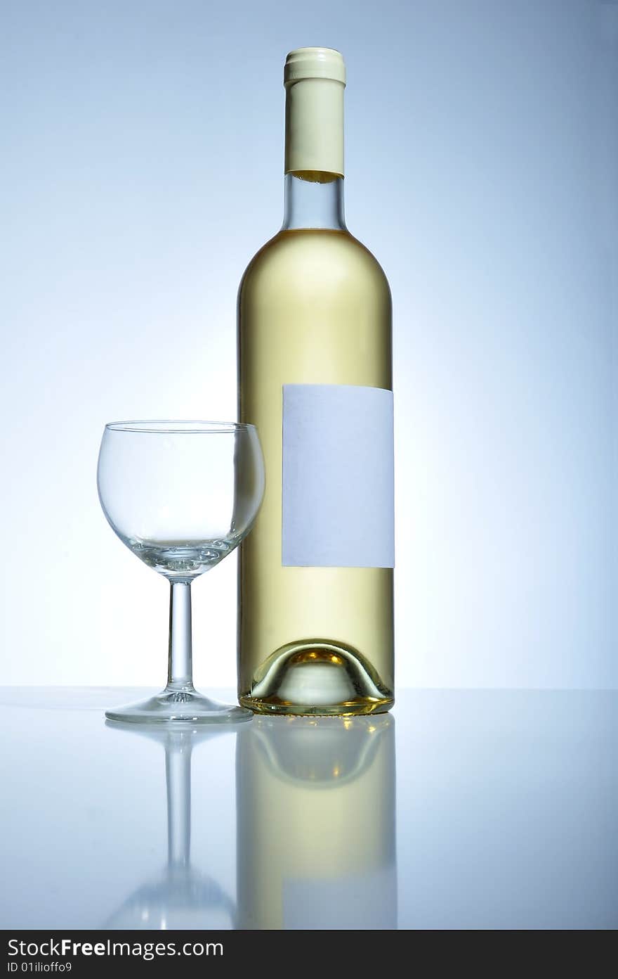 A bottle of white wine and an empty glass