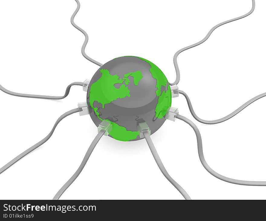 Green globe with internet cable on white background. Green globe with internet cable on white background