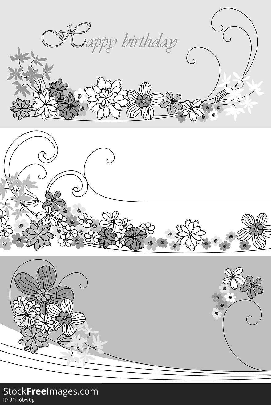 Three designs with black flowers drawing. Three designs with black flowers drawing