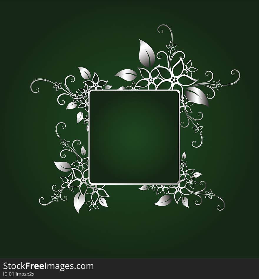 Silver floral frame on green background. Silver floral frame on green background